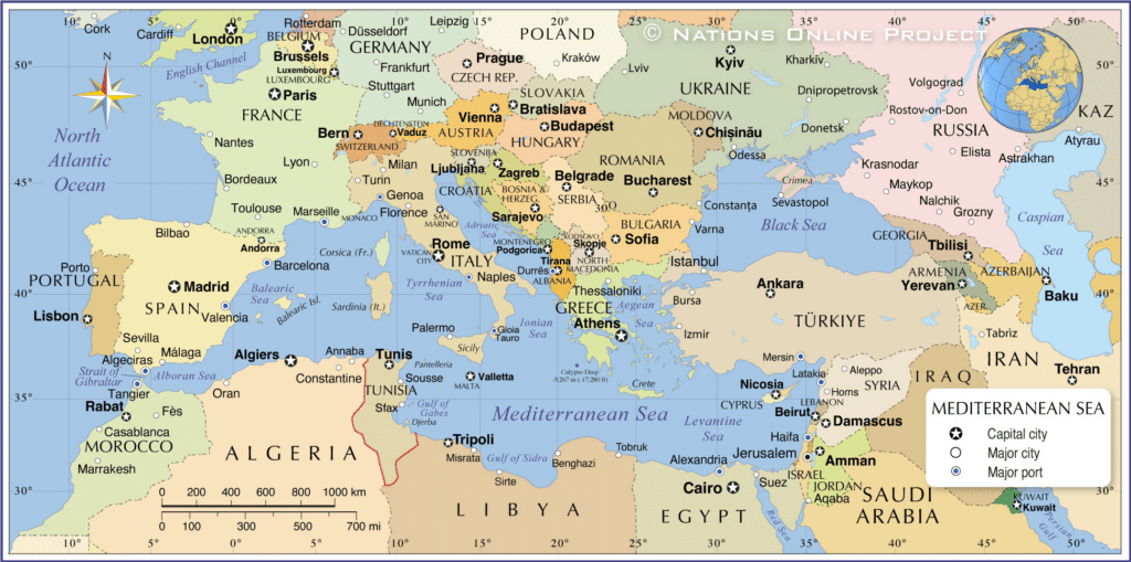 Mappa dei Paesi che si affacciano sul Mediterraneo con evidenza della posizione geografica della Tunisia.