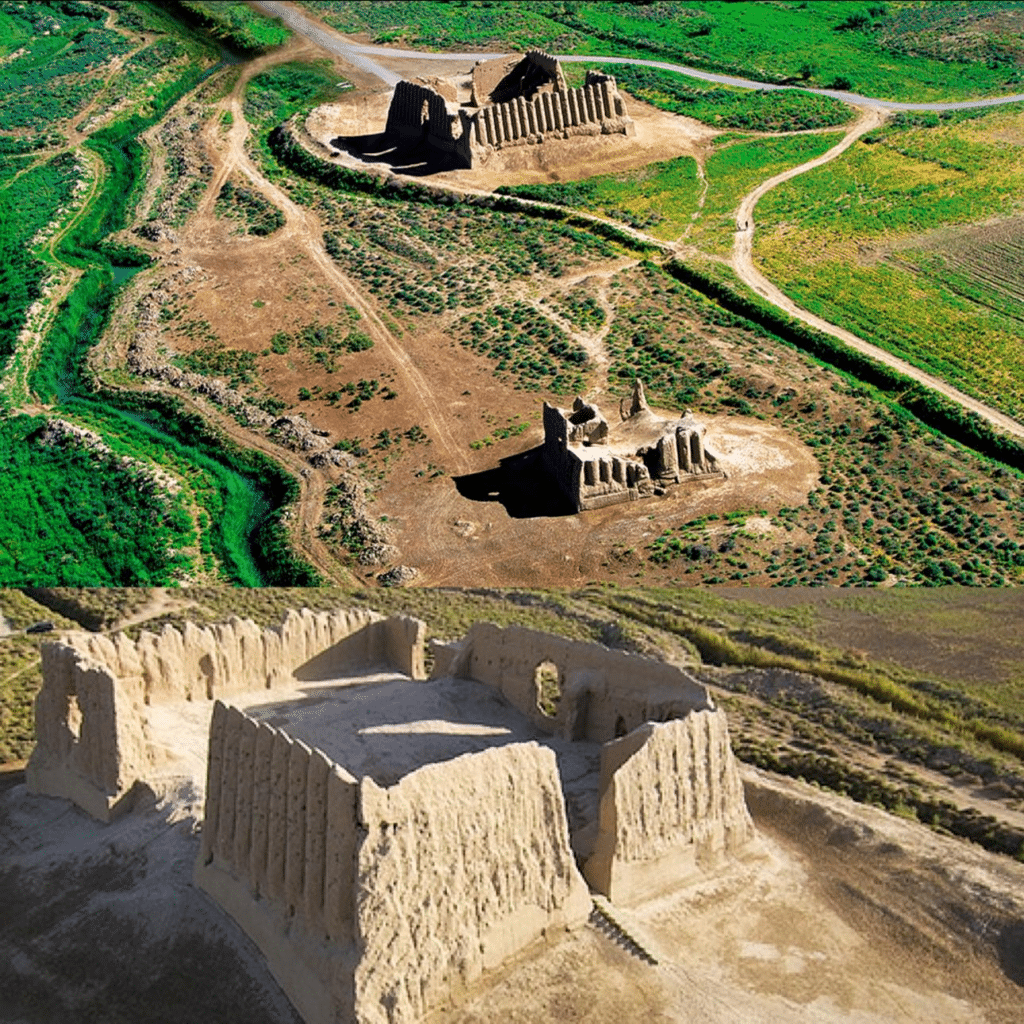 Veduta dall'alto e ravvicinata delle rovine di Merv.
