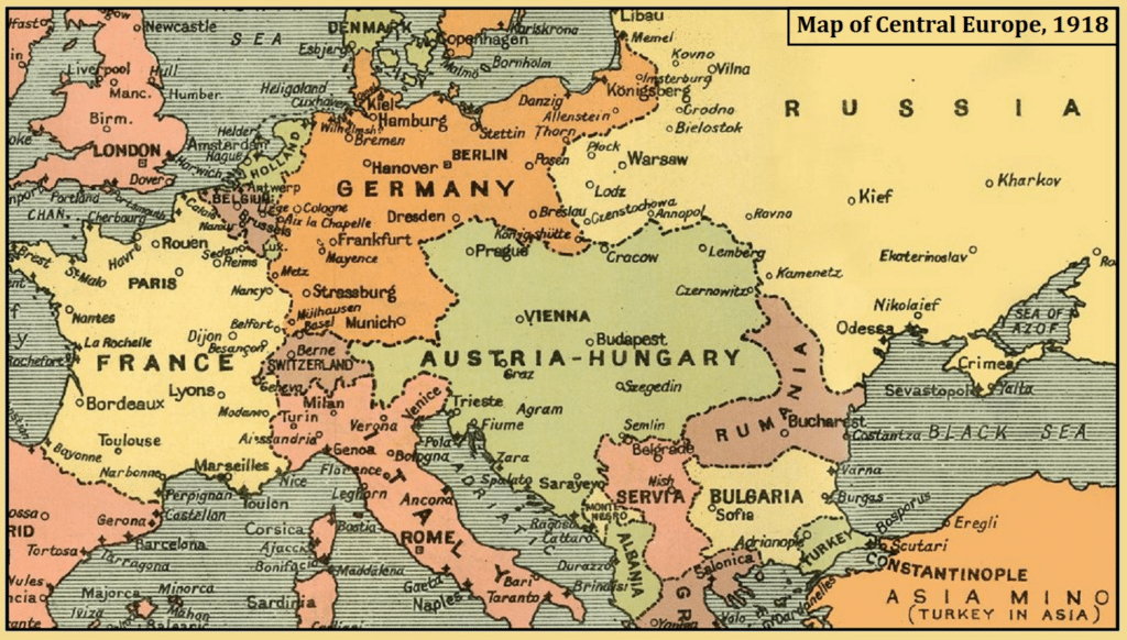 I confini provvisori degli imperi durante il 1918.