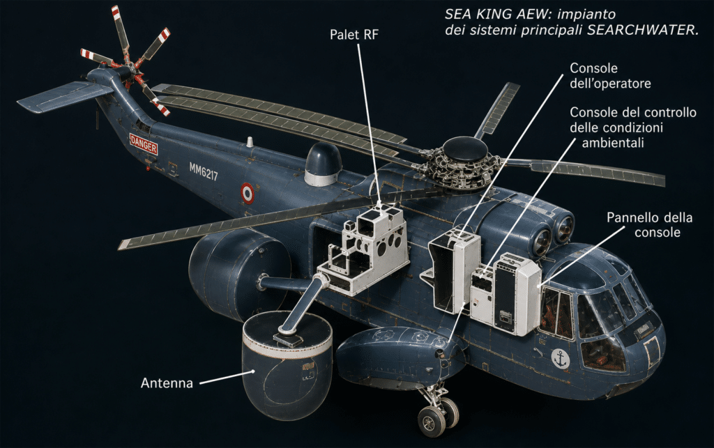 Infografica esplicativa delle principali componenti del SEARCHWATCHER e loro dislocazione all'interno del SEA KING.