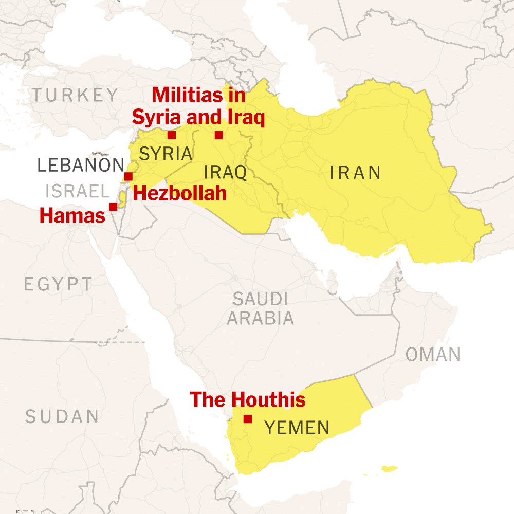 I principali proxy iraniani e la loro distribuzione geografica simbolica.