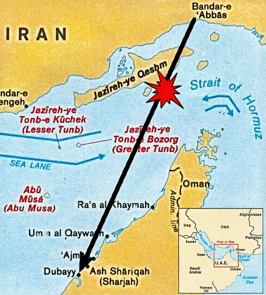 La rotta prevista ed il luogo dell'abbattimento del volo Iran Air 655.