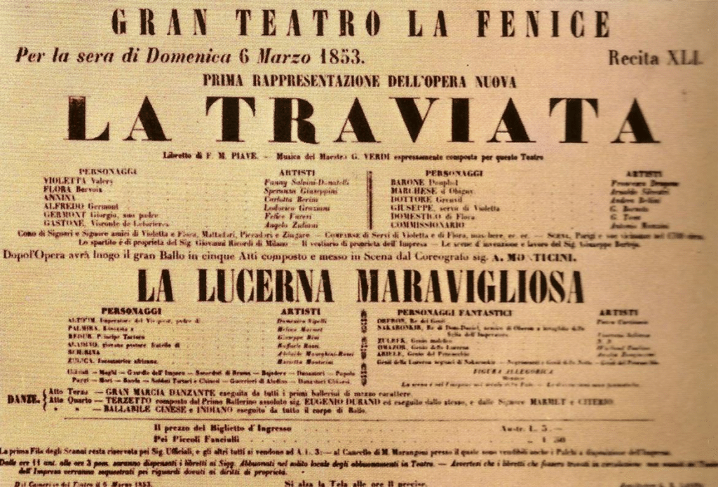 La locandina de "La traviata" del 6 marzo 1853 presso il teatro "La Fenice" di Venezia.