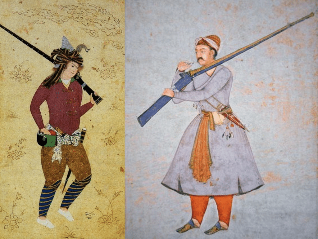 A sinistra: Tofangchi - Moschettiere persiano della dinastia Safavide; a destra: Toradar Mughal - moschettiere indiano.