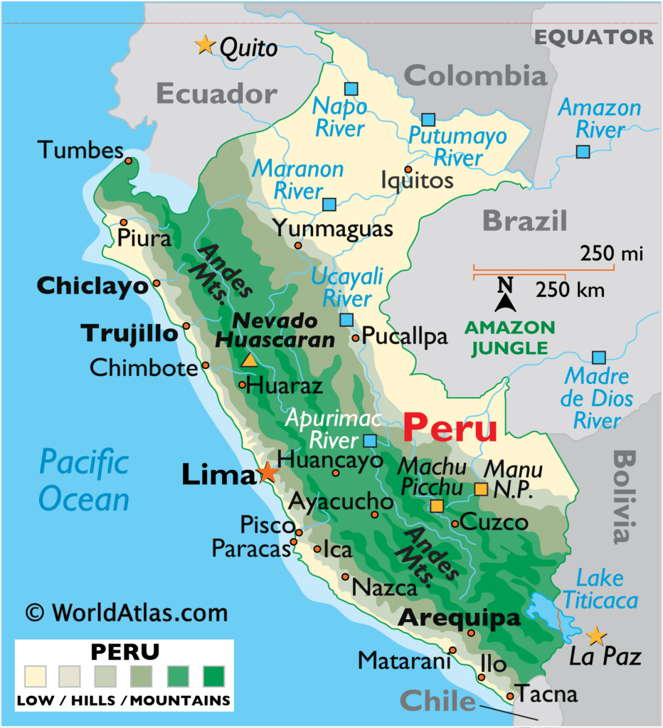 Mappa geografica del Peru con l'indicazione delle principali città.