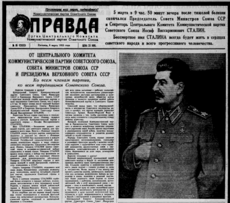 L'editoriale sulla Pravda del 6 mar<o 1953, con l'annuncio della morte di Stalin.