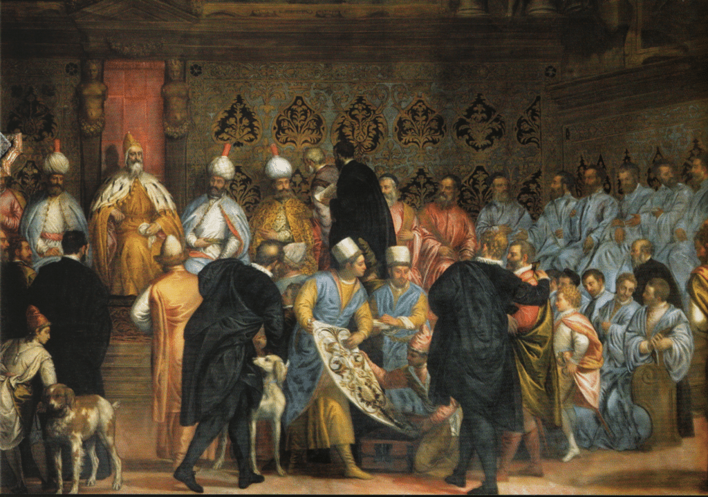 Gli inviati della prima ambasciata dello Shah Abbas in Europa, a un ricevimento presso il Palazzo Ducale di Venezia. Anno: 1599.