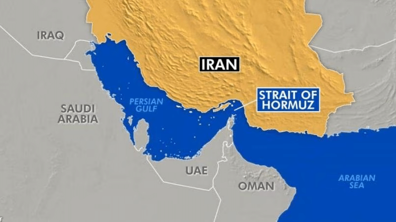 Mappa con evidenza dell'area dello Stretto di Hormuz.