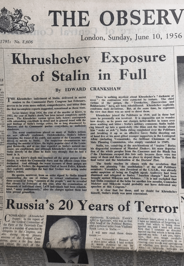 L'articolo di copertina dell'Observer londinese del 10 giugno 1956 dedicato al "non troppo segreto" discorso di Krusciov.