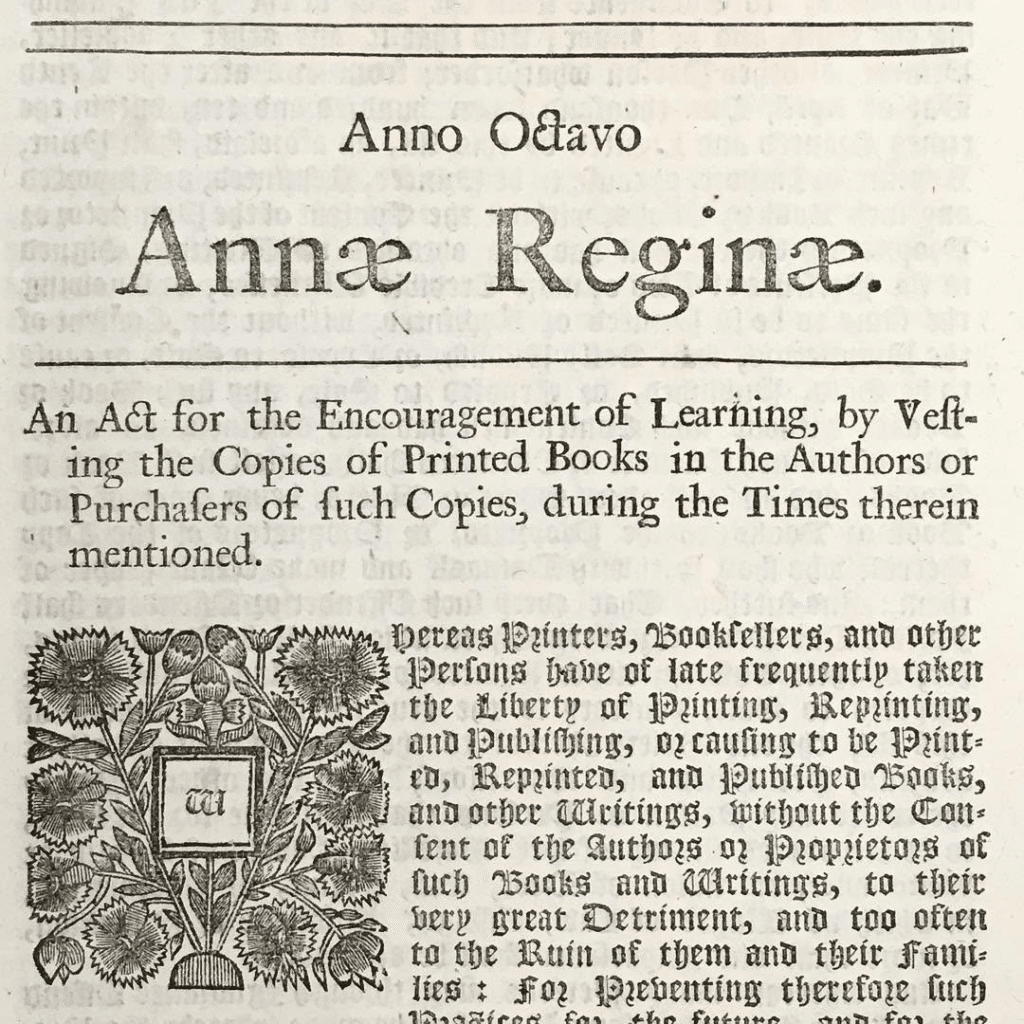 Intestazione e parte iniziale di una copia cartacea dello "Statute of Anne" del 1710.