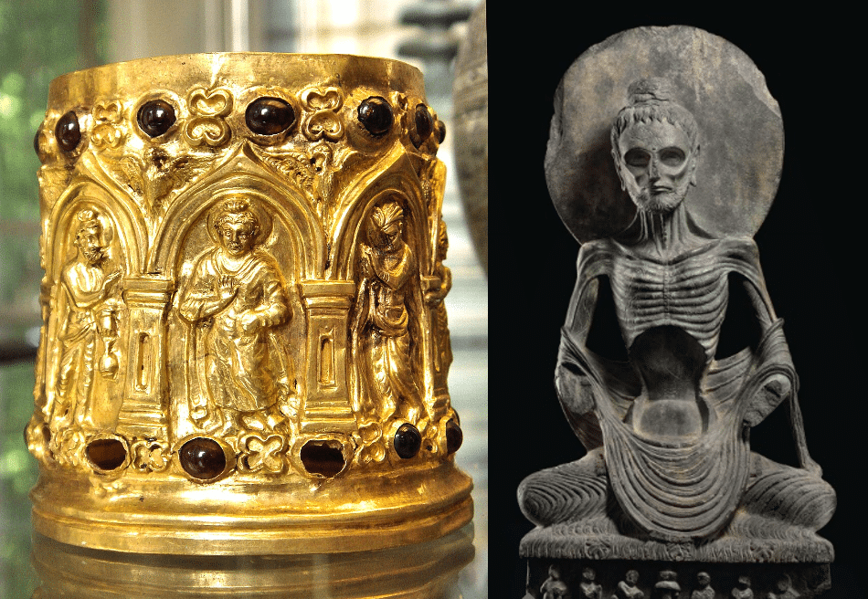 Reliquiario di Bimaran (a sinistra) e Buddha emaciato di Lahore (a destra).