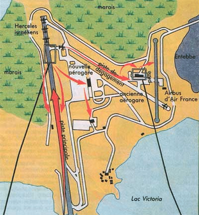 Lo schema d'azione delle forze speciali israeliane all'aeroporto di Entebbe.
