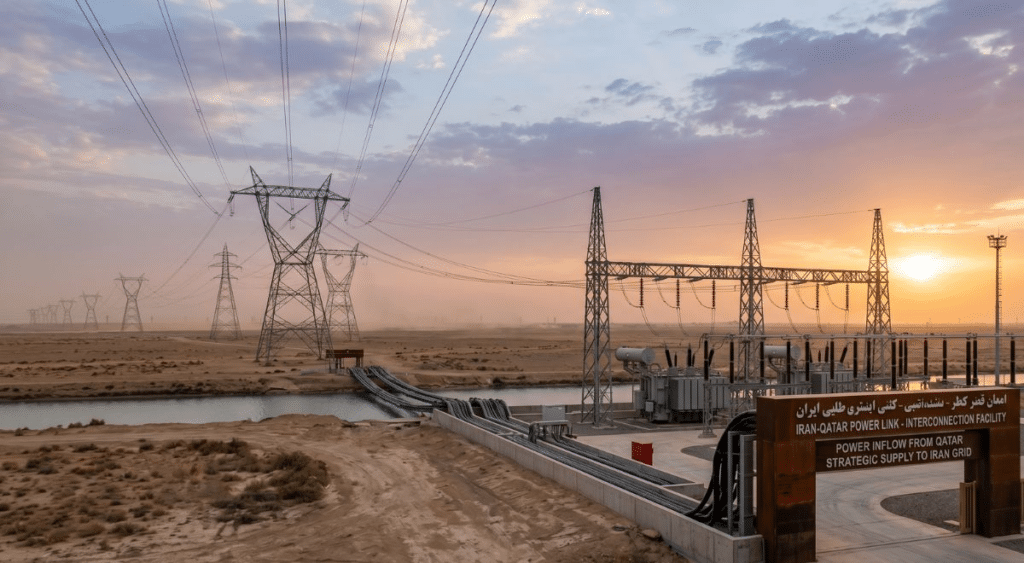 Rendering di una centrale di interconnessione elettrica tra Iran e Qatar,