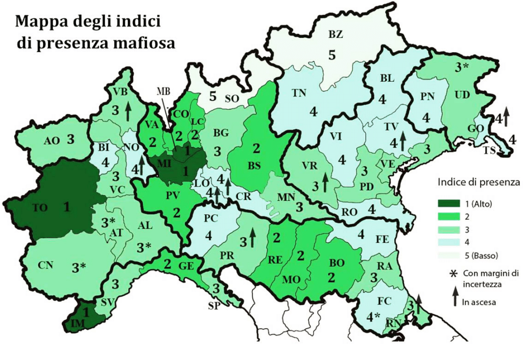 CSM e criminalità organizzata: mappa degli indici di presenza mafiosa nel nord Italia.