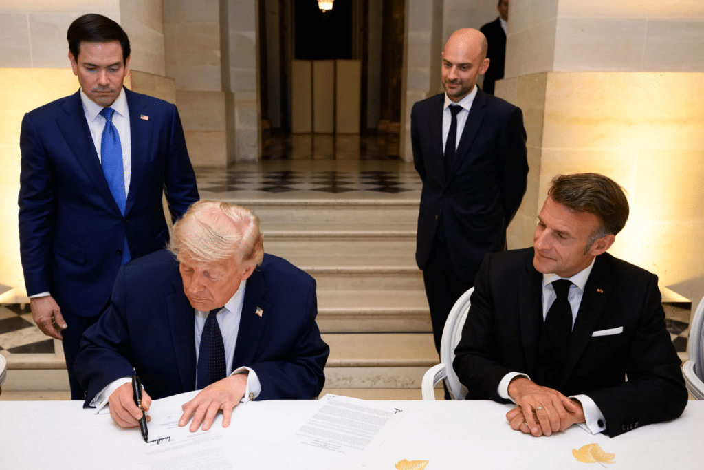 Il Presidente Donald J. Trump firma il memorandum d'intesa tra la Repubblica Islamica dell'Iran e gli Stati Uniti presso la Reggia di Versailles, in Francia, il 17 giugno 2026.