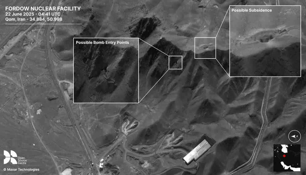 Prime immagini satellitari diffuse dopo l'attacco statunitense all'impianto nucleare iraniano di Fordow, colpito da bombe antibunker GBU-57A/B, note anche come Massive Ordnance Penetrator (MOP).