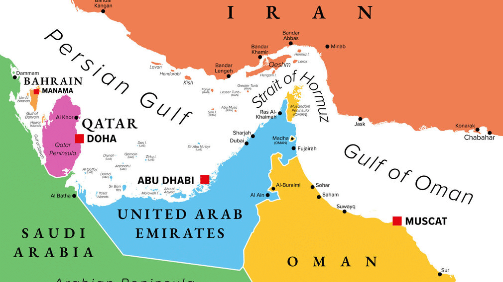 Mappa dello Stretto di Hormuz con evidenza delle aree di competenza territoriale.