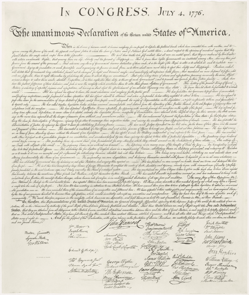 La Dichiarazione di Indipendeza degli Stati Uniti, 4 luglio 1776.