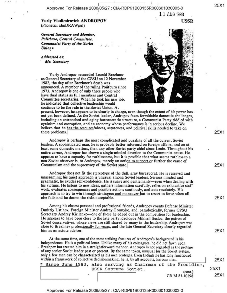 Il profilo su Andropov redatto dalla CIA.