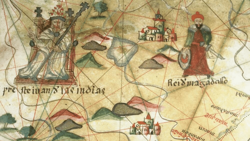 Prete Gianni delle Indie (a sinistra). Dettaglio di una carta portolana. Segnatura: MS. Douce 391. (autore ignoto, fine del XVI secolo)