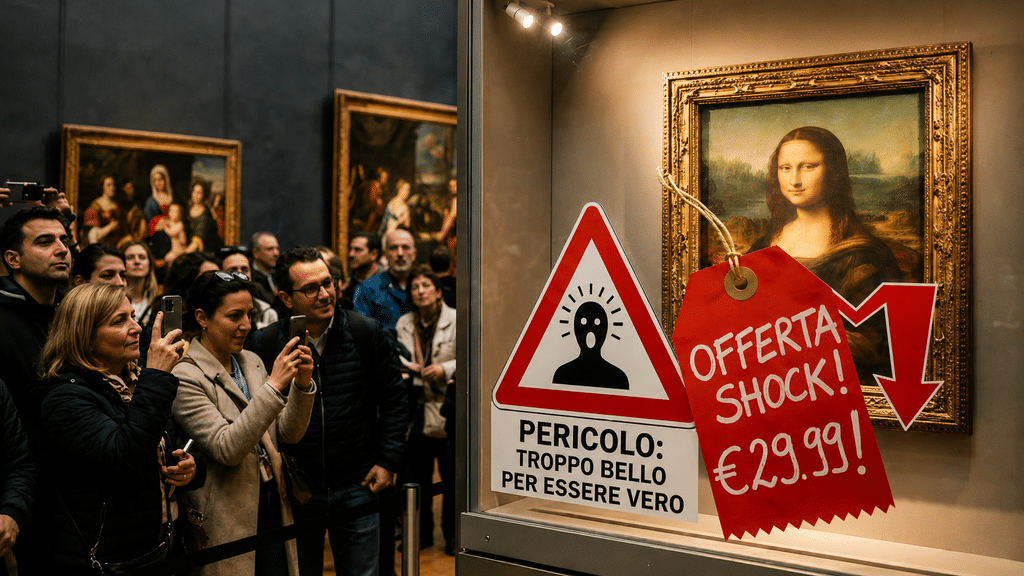 Vignetta ironica per sensibilizzare riguardo al fenomeno dei falsi nell'arte.