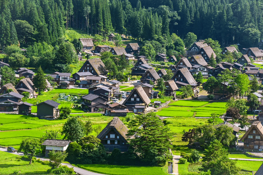 Il villaggio di Shirakawa-go, dove le minka dai tetti in paglia gasshō-zukuri si inseriscono nel paesaggio montano e agricolo.