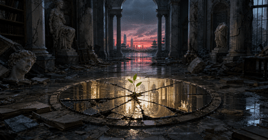 Illustrazione di un germoglio tra le rovine di un edificio monumentale al tramonto