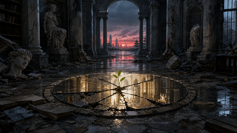 Illustrazione di un germoglio tra le rovine di un edificio monumentale al tramonto
