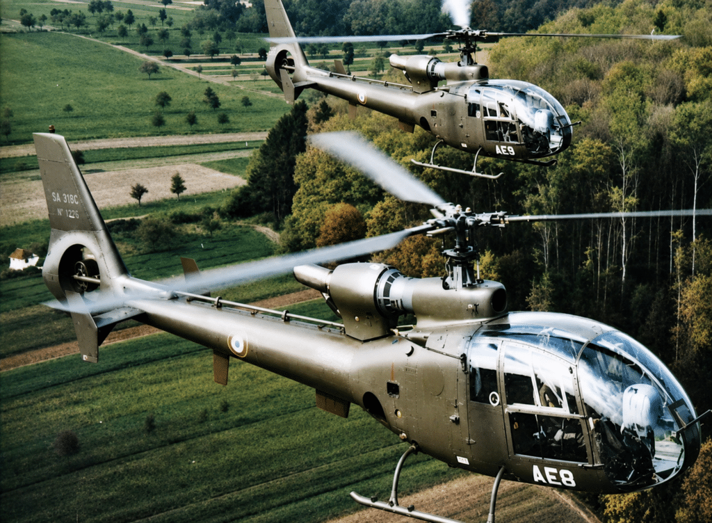 Elicotteri dell'Aerospatiale SA-341F GAZELLE e SA-318 ALOUETTE dell'ALAT in formazione: 175 SA-341F e 206 ALOUETTE II sono in servizio.