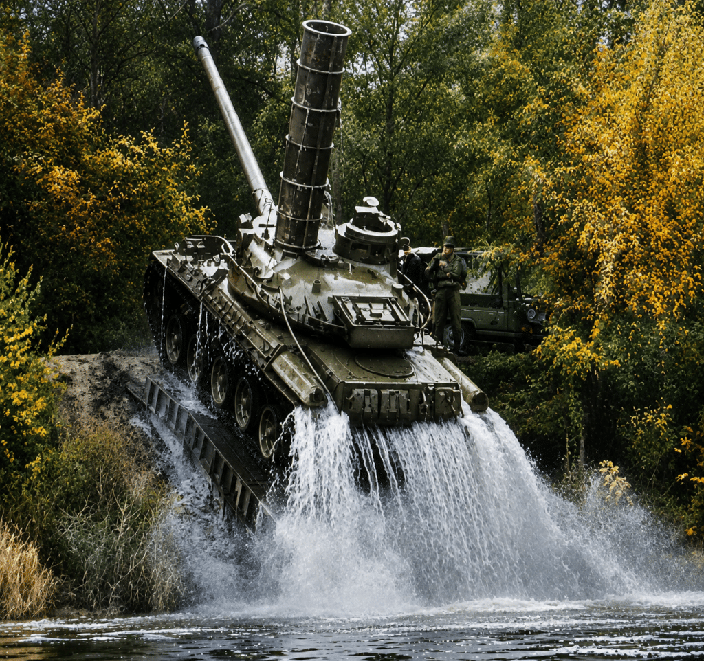 Un carro pesante AMX-30, con presa d'aria alzata, sale la riva dopo aver guadato un fiume. Due specie di prese d'aria sono in uso, la più larga per addestramento e la più sottile per missioni. Prima di entrare nell'acqua, un anello di gomma è gonfiato attorno alla torretta, mantello e cupola, con l'uso di un compressore elettrico.
