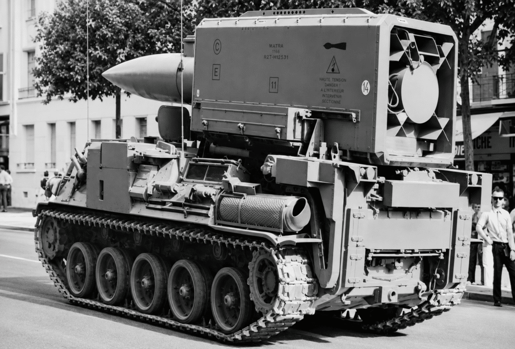 Il missile nucleare tattico PLUTON, montato sul telaio dell'AMX-30. 46 PLUTON dell'Armee de Terre possono avere una testata bellica tattica da 15 o 25 kt, con un raggio di 20 km.