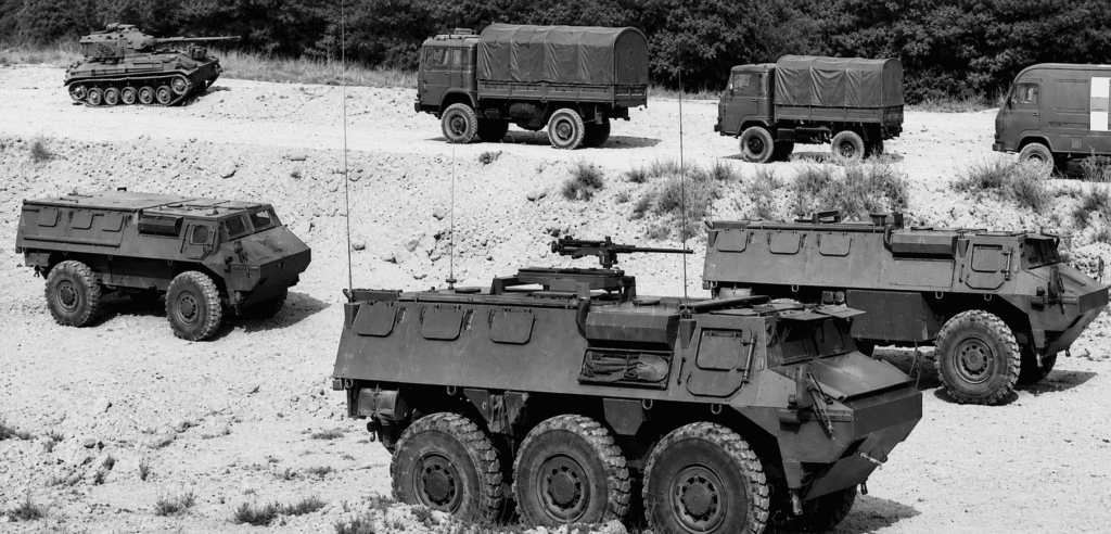 Veicoli blindati da trasporto dell'Armee de Terre: in primo piano un Saviem VAB VCI (6 x &) che imbarca una mitragliatrice M2 HB da 12,7 mm su un affusto anulare, e sullo sfondo si vedono veicoli VAB 4 x 4 e autocarri Saviem SM8 e TP3.