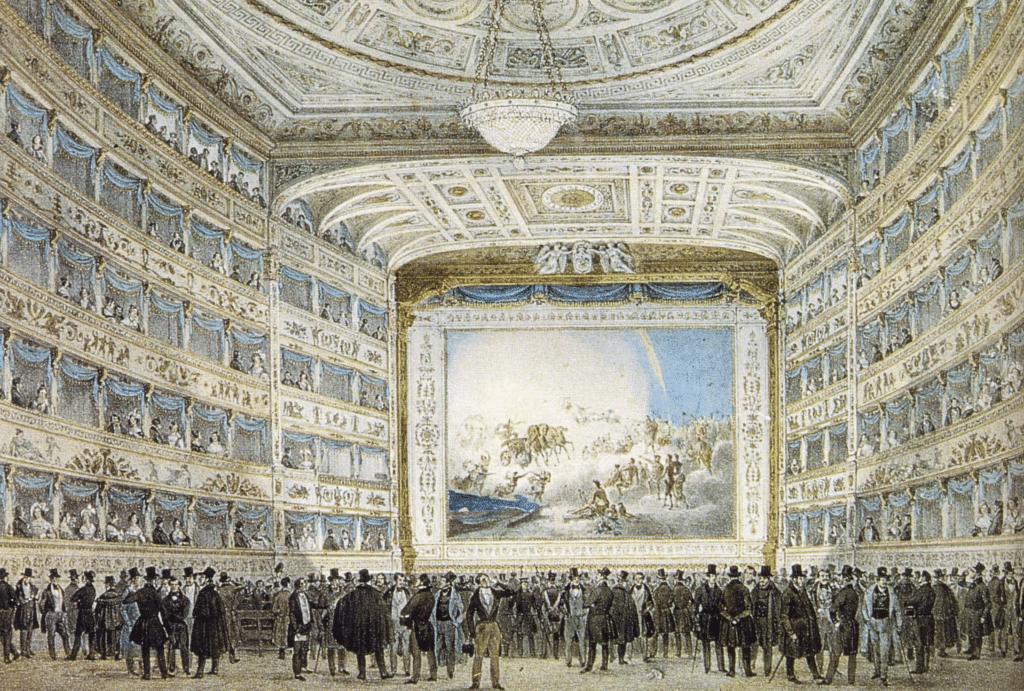 Stampa raffigurante l'interno del teatro La Fenice di Venezia nel 1837.