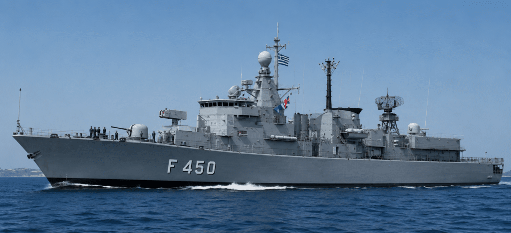L’HS ELLI (F 450) è una delle due fregate della classe KORTENAER in servizio con la Marina greca. Equipaggiata con due sistemi antimissili quadrupli McDonnell Douglas HARPOON (RGM-84), l’ELLI imbarca anche un elicottero AB-212 per la guerra antisom.