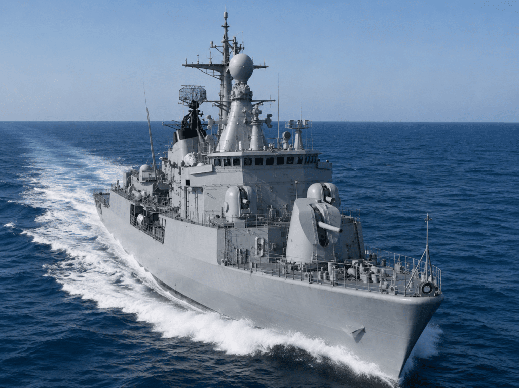 L’ALMIRANTE BROWN (D3) è una delle quattro fregate MEKO 360 H 2 che saranno in servizio con l’Armada Argentina. L’armamento principale è l’OTO Melara COMPACT da 127 mm. Due delle quattro torrette binate Breda-Bofors sono visibili.