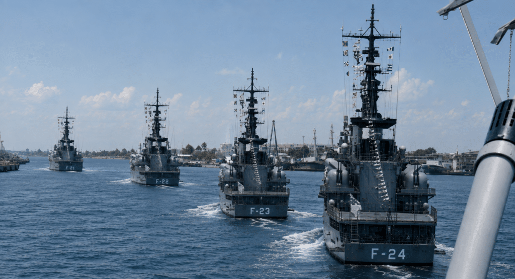 Quattro fregate della classe LUPO dell’Armada Venezuelana, mentre escono dal porto di Cartagena: sono rispettivamente la GENERAL SOUBLETTE (F24), la GENERAL URDANETA (F 23), l’ALMIRANTE BRION (F 22) e la MARISCAL SUCRE (F 21). Sono anche in servizio la GENERAL SALOM (F 25) e l’ALMIRANTE GARCIA (F 26).