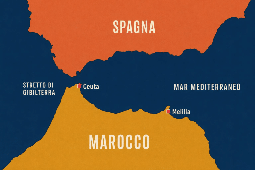 Ceuta e Melilla,: la posizione sulla mappa delle due città spagnole situate sulla costa settentrionale del Marocco.