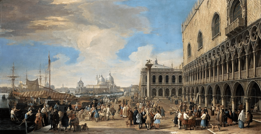 Venezia, il bacino di San Marco e il Palazzo Ducale animati da mercanti, imbarcazioni e traffici commerciali, testimonianza della prosperità economica e marittima della Serenissima.