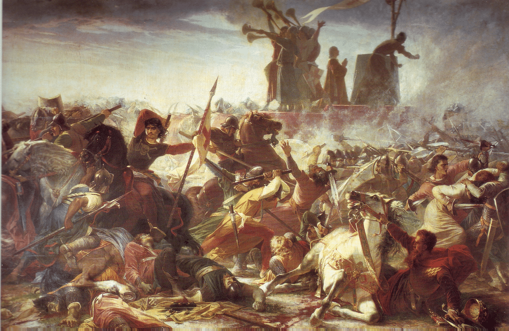 La battaglia di Legnano del 1176: le forze della Lega lombarda difendono il Carroccio nello scontro contro l’esercito imperiale di Federico Barbarossa. Dipinto di Amos Cassioli.