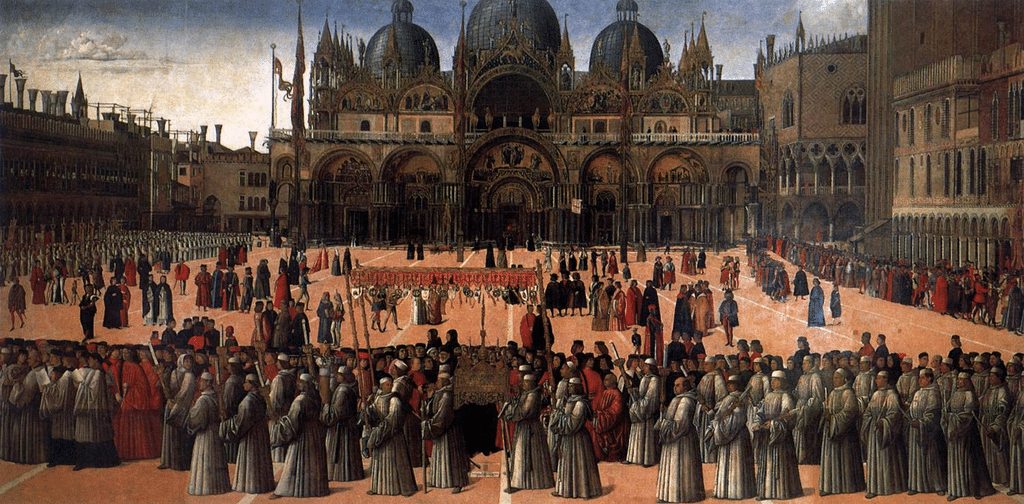 Processione in Piazza San Marco a Venezia, espressione della ritualità pubblica e della gerarchia dei corpi cittadini nella società veneziana. Dipinto di Gentile Bellini, 1496.