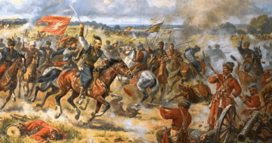Dipinto storico di una battaglia con cavalleria, artiglieria e bandiere