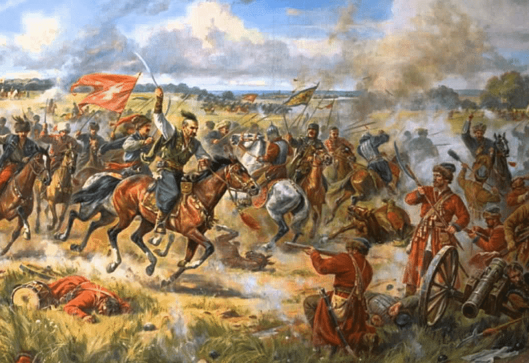 Dipinto storico di una battaglia con cavalleria, artiglieria e bandiere