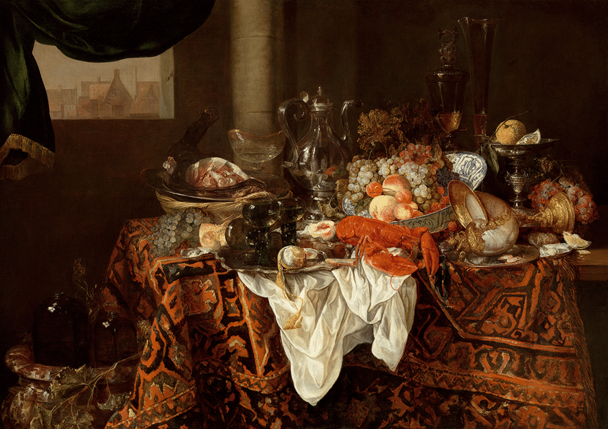 Natura morta di Abraham van Beyeren con aragosta, frutta, argenti e vasellame.