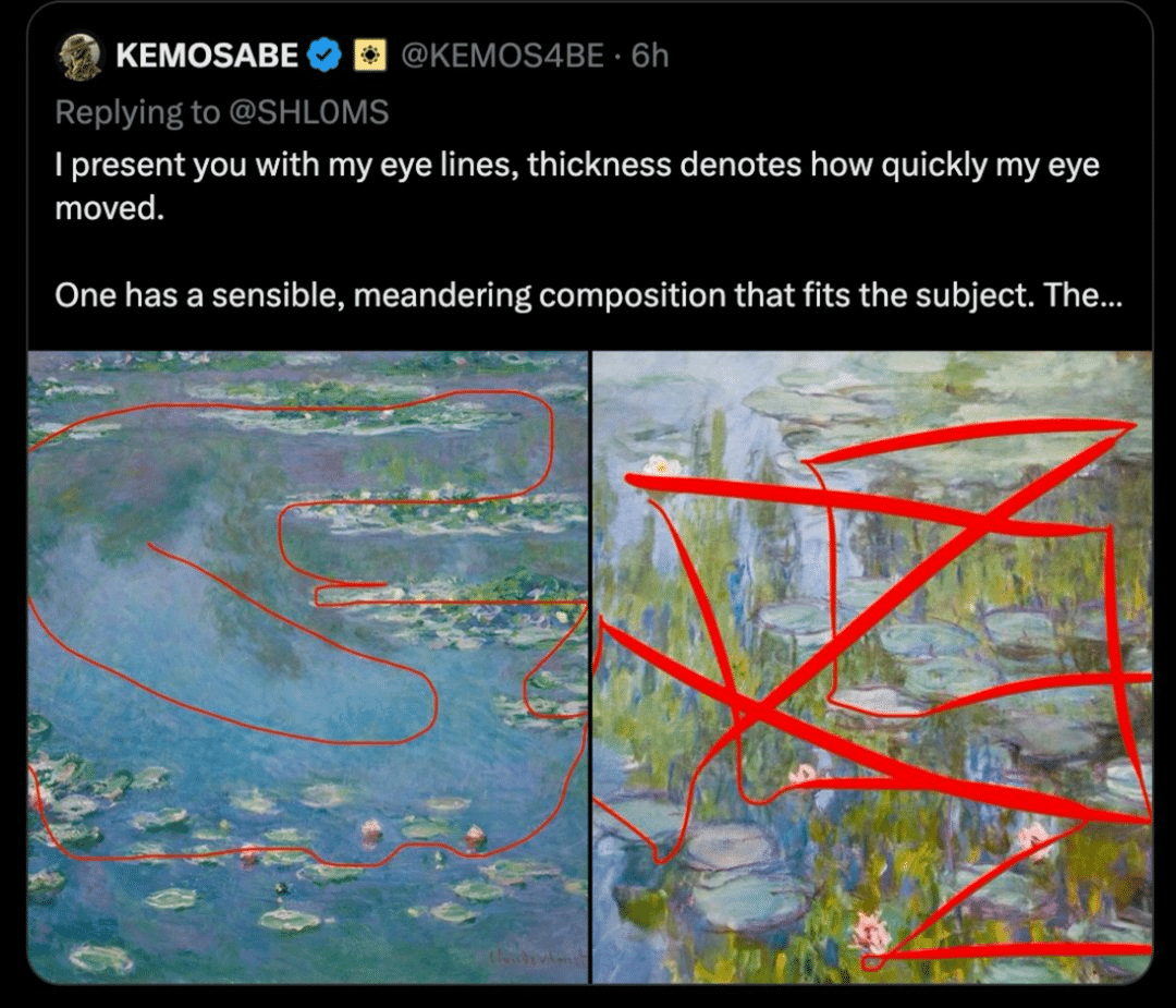 Confronto tracciato da un utente tra due dipinti di ninfee di Claude Monet.
