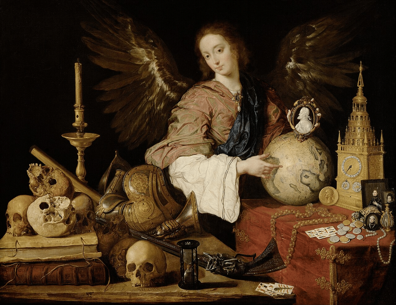Antonio de Pereda, Allegoria della vanità, con angelo, teschi, armature, globo e ricchezze.