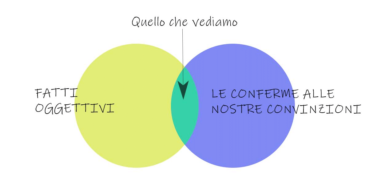 Diagramma del bias di conferma tra fatti oggettivi e convinzioni.