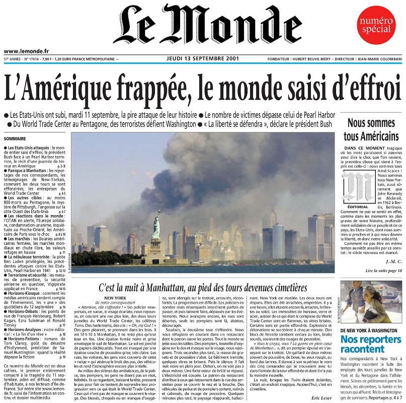 Prima pagina di Le Monde del 13 settembre 2001 con il titolo Nous sommes tous américains