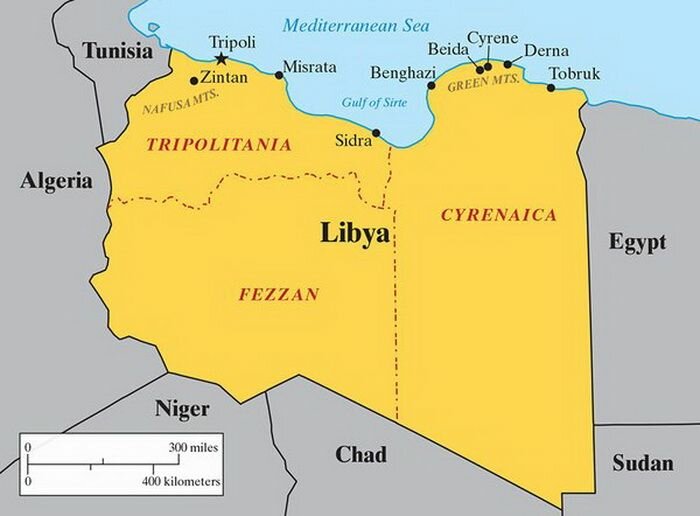 Carta della Libia suddivisa tra Tripolitania, Cirenaica e Fezzan.