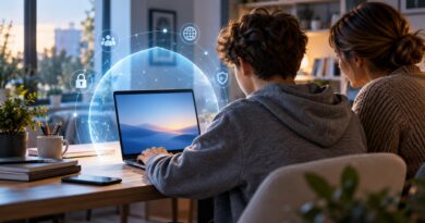 ChatGPT for Teens: adolescente al computer con protezioni digitali e supervisione adulta