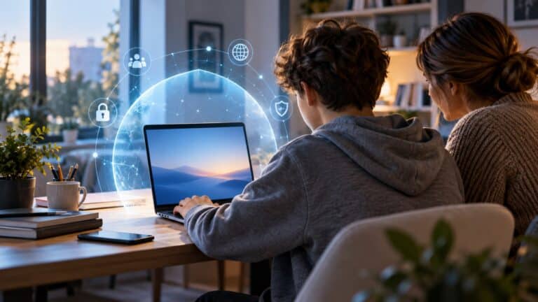 ChatGPT for Teens: adolescente al computer con protezioni digitali e supervisione adulta